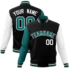 Black Aqua-White Raglan Full-Snap Varsity Letterman Jacket