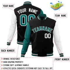 Black Aqua-White Raglan Full-Snap Varsity Letterman Jacket 4