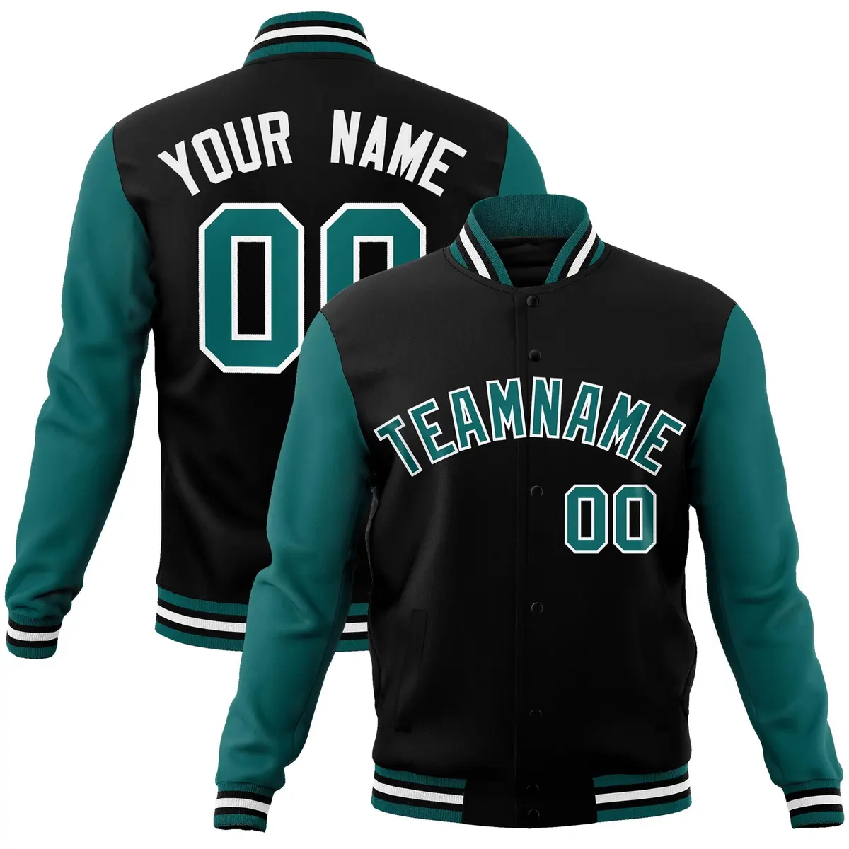 Black Aqua-White Raglan Full-Snap Varsity Letterman Jacket