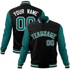 Black Aqua-White Raglan Full-Snap Varsity Letterman Jacket