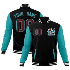 Black Aqua White Raglan Sleeves Cotton Letterman Jacket