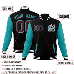 Black Aqua White Raglan Sleeves Cotton Letterman Jacket 2