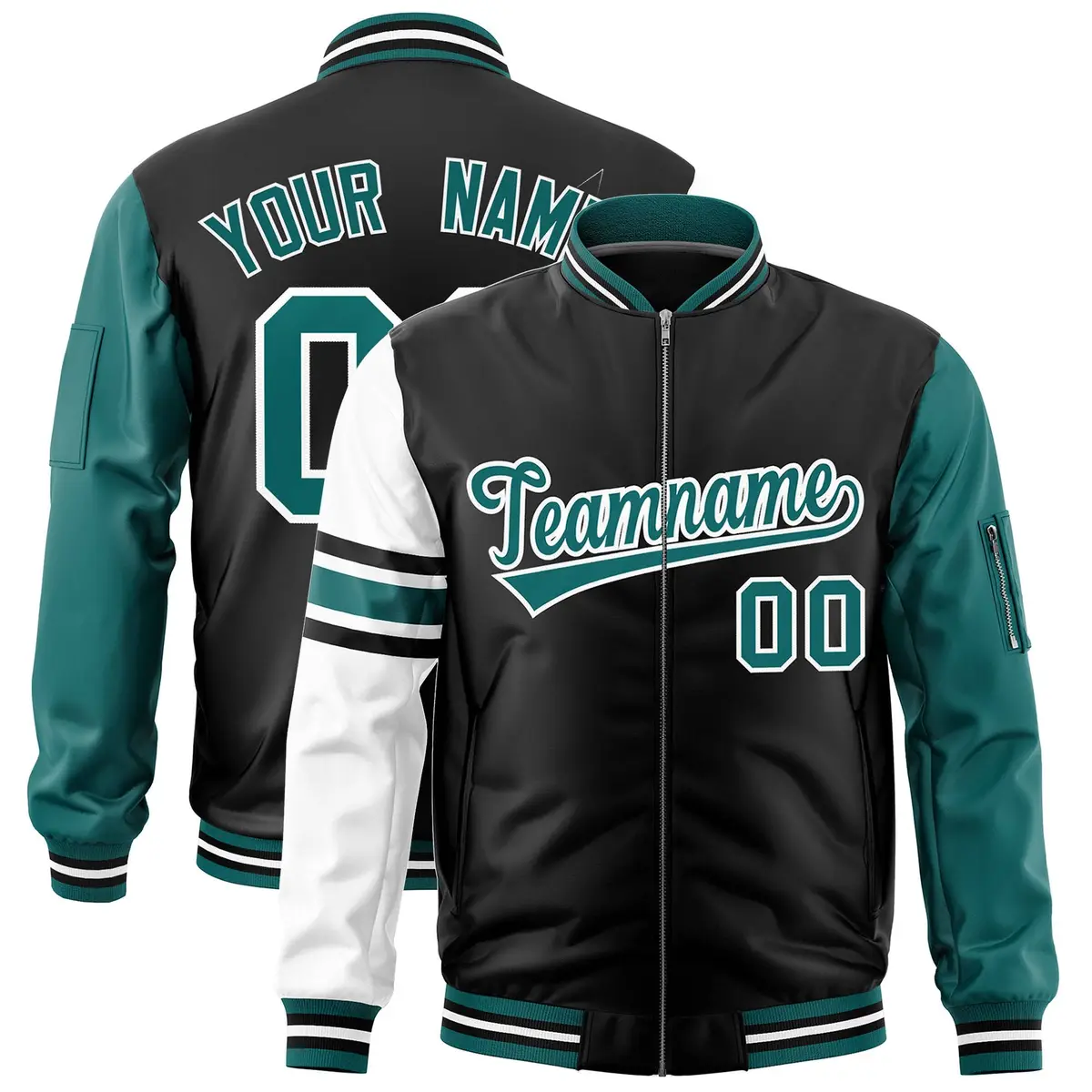 Black Aqua-White Stripe Varsity Letterman Bomber Jacket