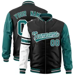 Black Aqua-White Stripe Varsity Letterman Bomber Jacket 1