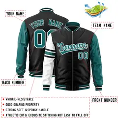 Black Aqua-White Stripe Varsity Letterman Bomber Jacket 2