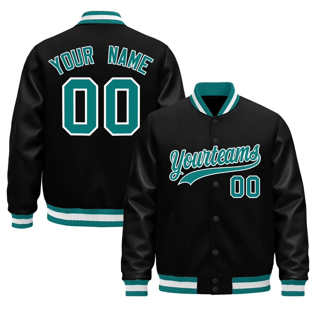 Black Aqua White Varsity Jacket with Faux Leather Sleeves