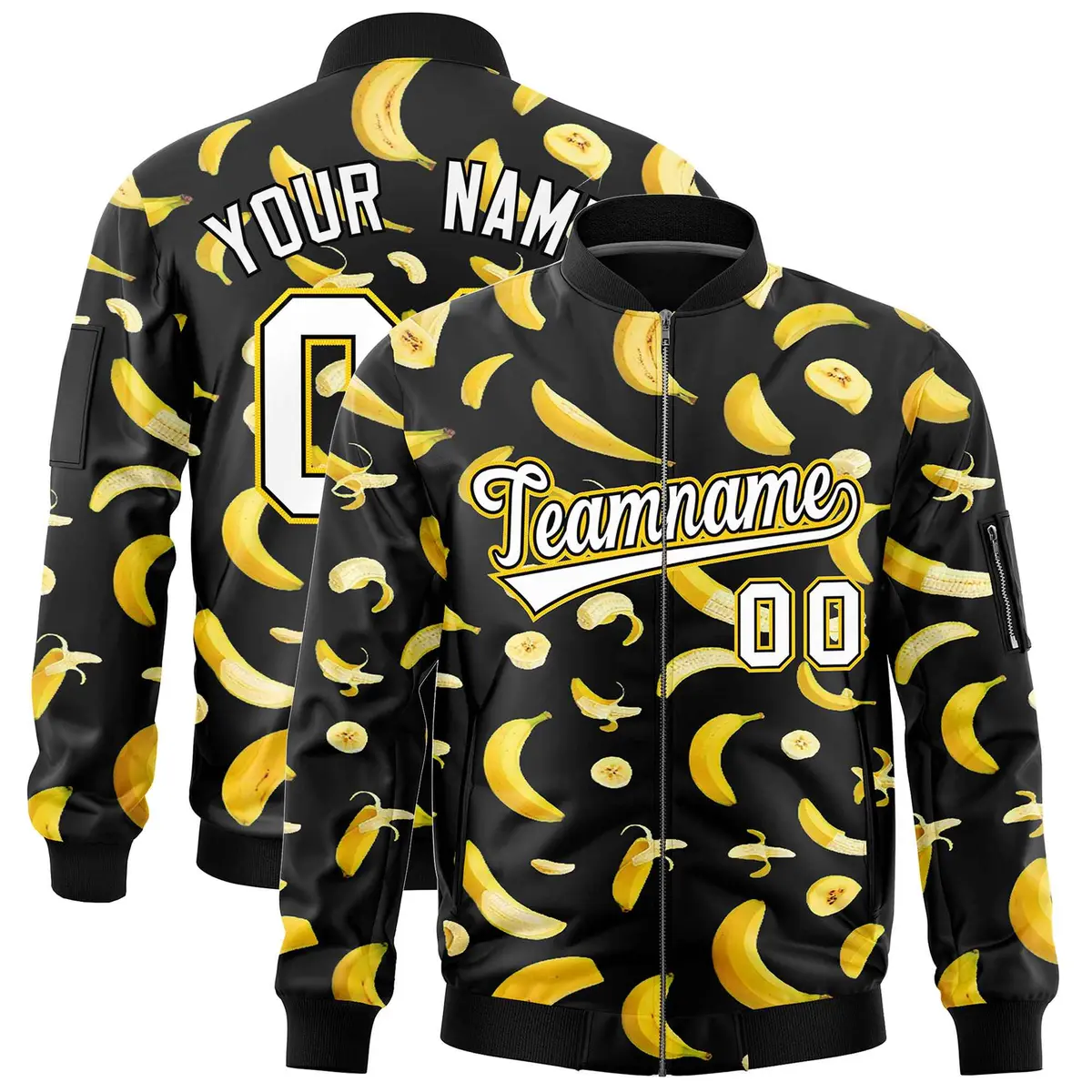 Black Banana Pattern Letterman Varsity Full-Zip Jacket