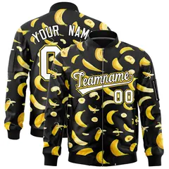 Black Banana Pattern Letterman Varsity Full-Zip Jacket 1