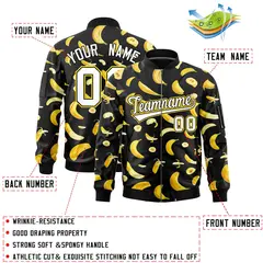 Black Banana Pattern Letterman Varsity Full-Zip Jacket 2