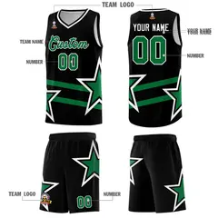 Black Basketball Kit Kelly Green Star Pattern and Double Lines 5
