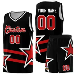 Black Basketball Kit with Red Star Pattern and Double Lines