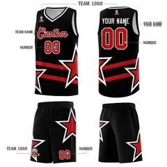 Black Basketball Kit with Red Star Pattern and Double Lines 5