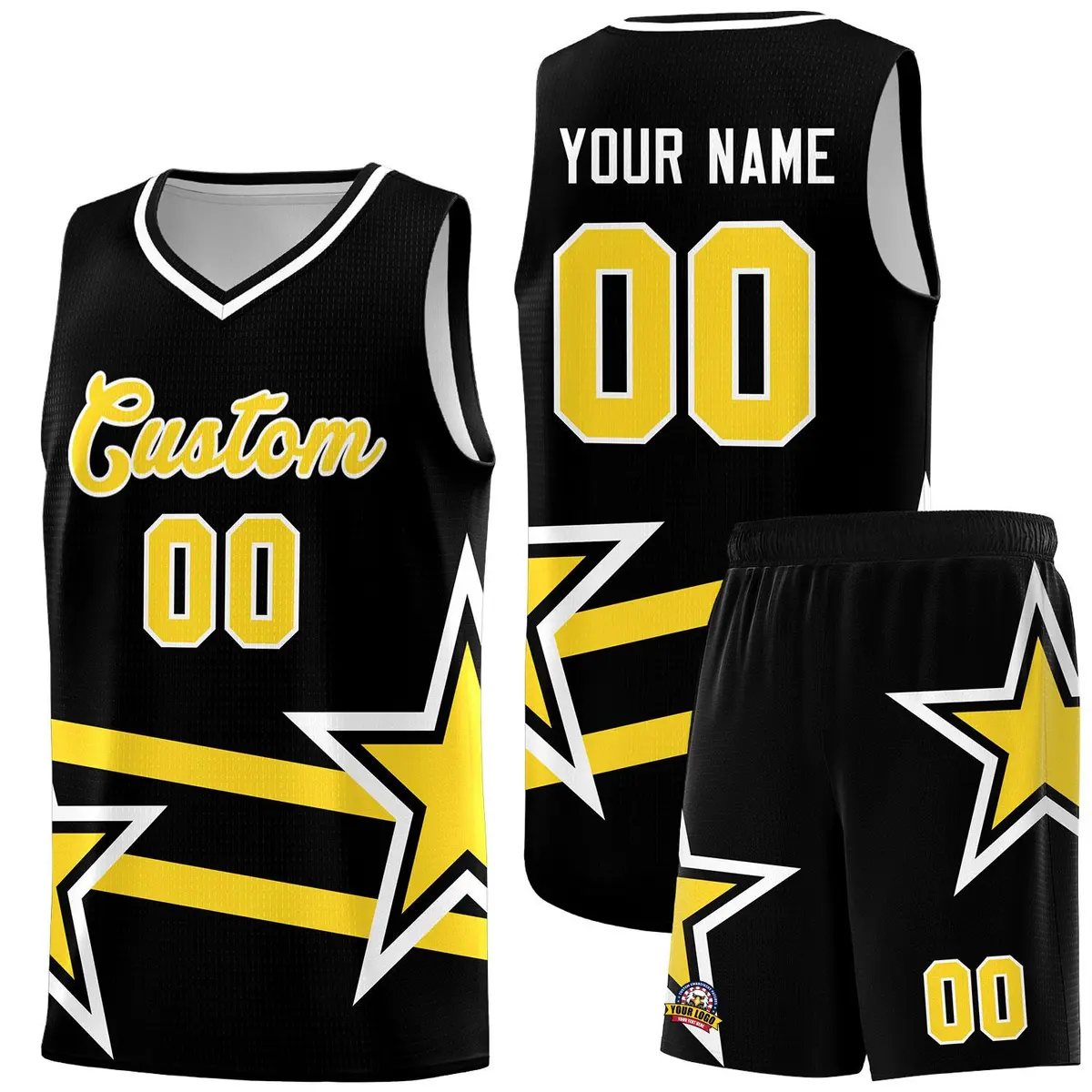 Black Basketball Kits Gold Star Pattern And Double Lines