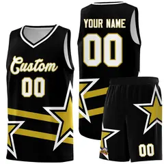 Black Basketball Kits Old Gold Star Pattern And Double Lines