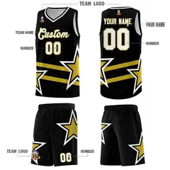 Black Basketball Kits Old Gold Star Pattern And Double Lines 5