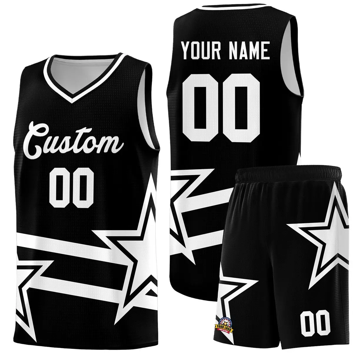 Black Basketball Kits White Star Pattern And Double Lines