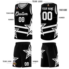 Black Basketball Kits White Star Pattern And Double Lines 5