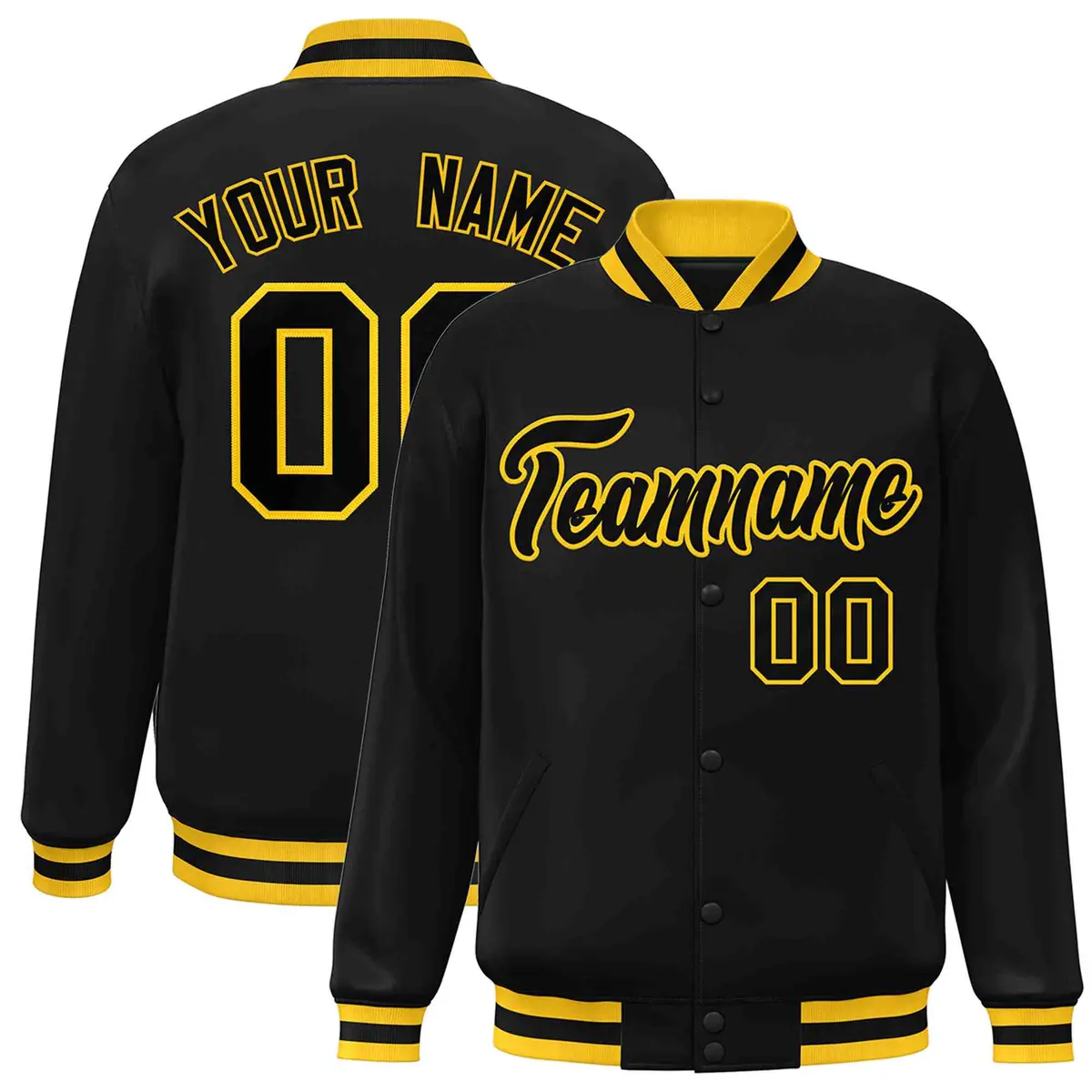 Black Black-Gold Varsity Full-Snap Letterman Jacket