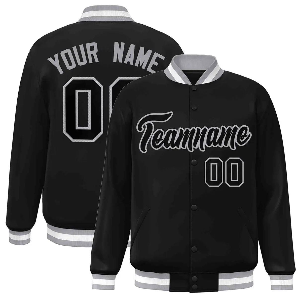 Black Black-Gray Classic Varsity Full-Snap Letterman Jacket