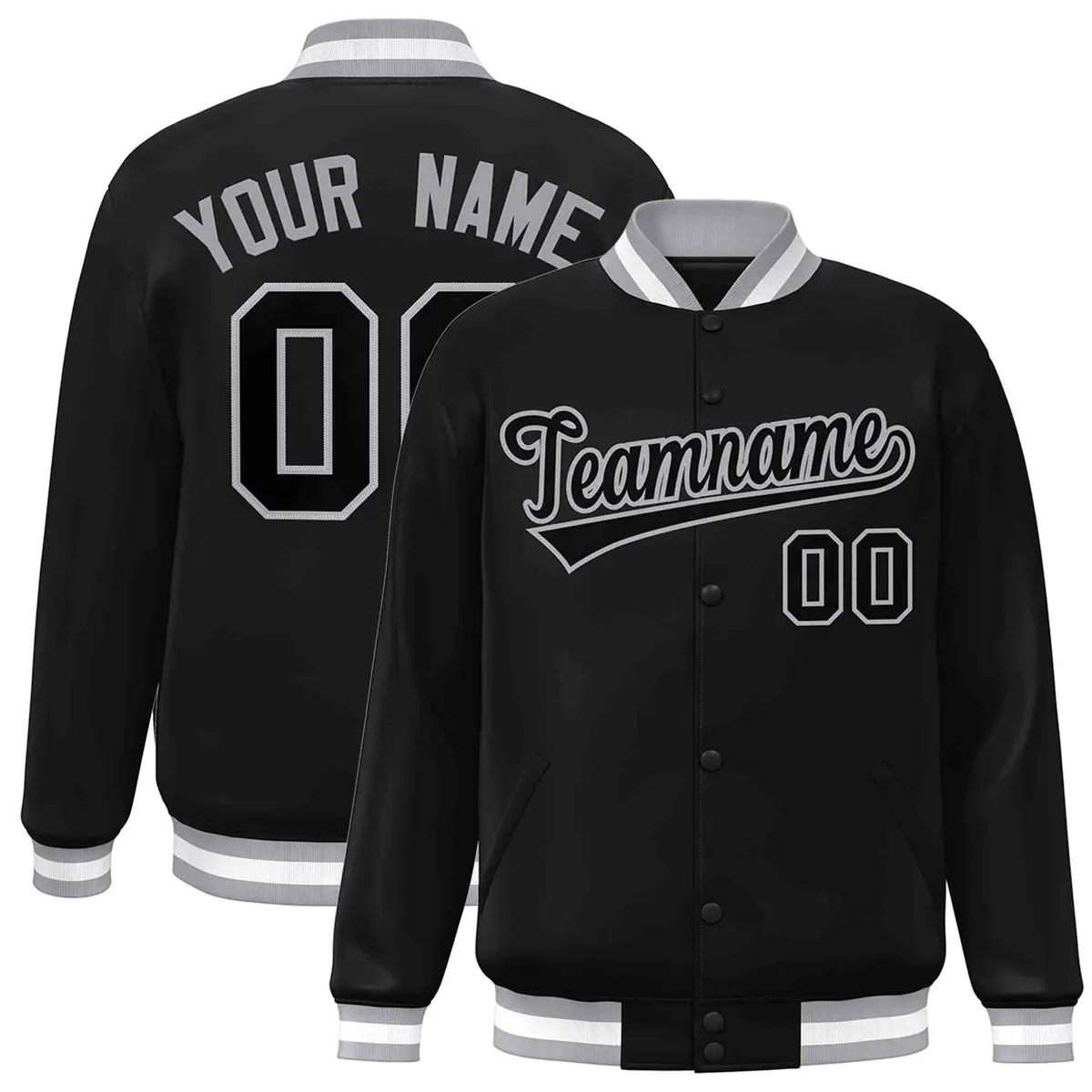 Black Black-Gray Classic Varsity Full-Snap Letterman Jacket