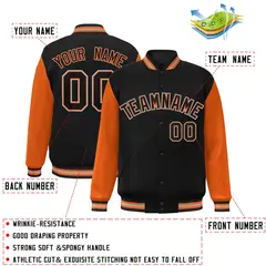 Black Black-Orange Raglan Sleeves Varsity Full-Snap Letterman Jacket 2