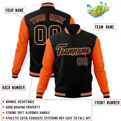 Black Black-Orange Raglan Sleeves Varsity Full-Snap Letterman Jacket 4