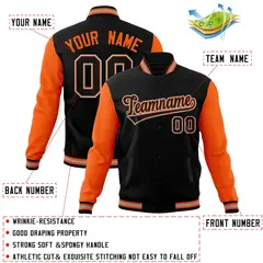 Black Black-Orange Raglan Sleeves Varsity Full-Snap Letterman Jacket 4