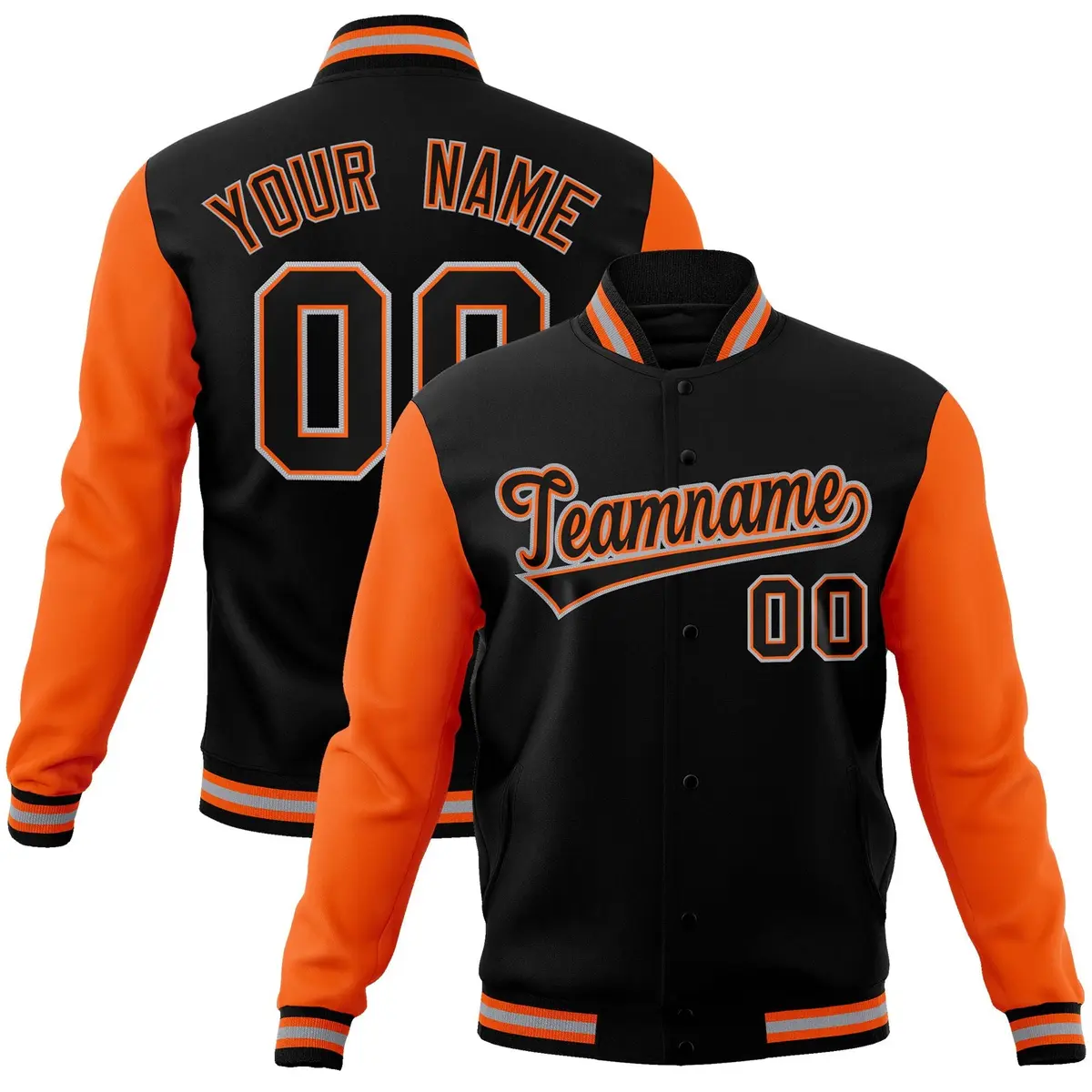 Black Black-Orange Raglan Sleeves Varsity Full-Snap Letterman Jacket