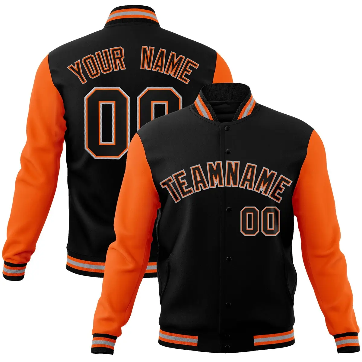 Black Black-Orange Raglan Sleeves Varsity Full-Snap Letterman Jacket