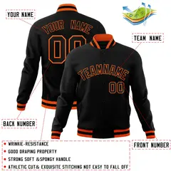 Black Black-Orange Varsity Full-Snap Letterman Jacket 4