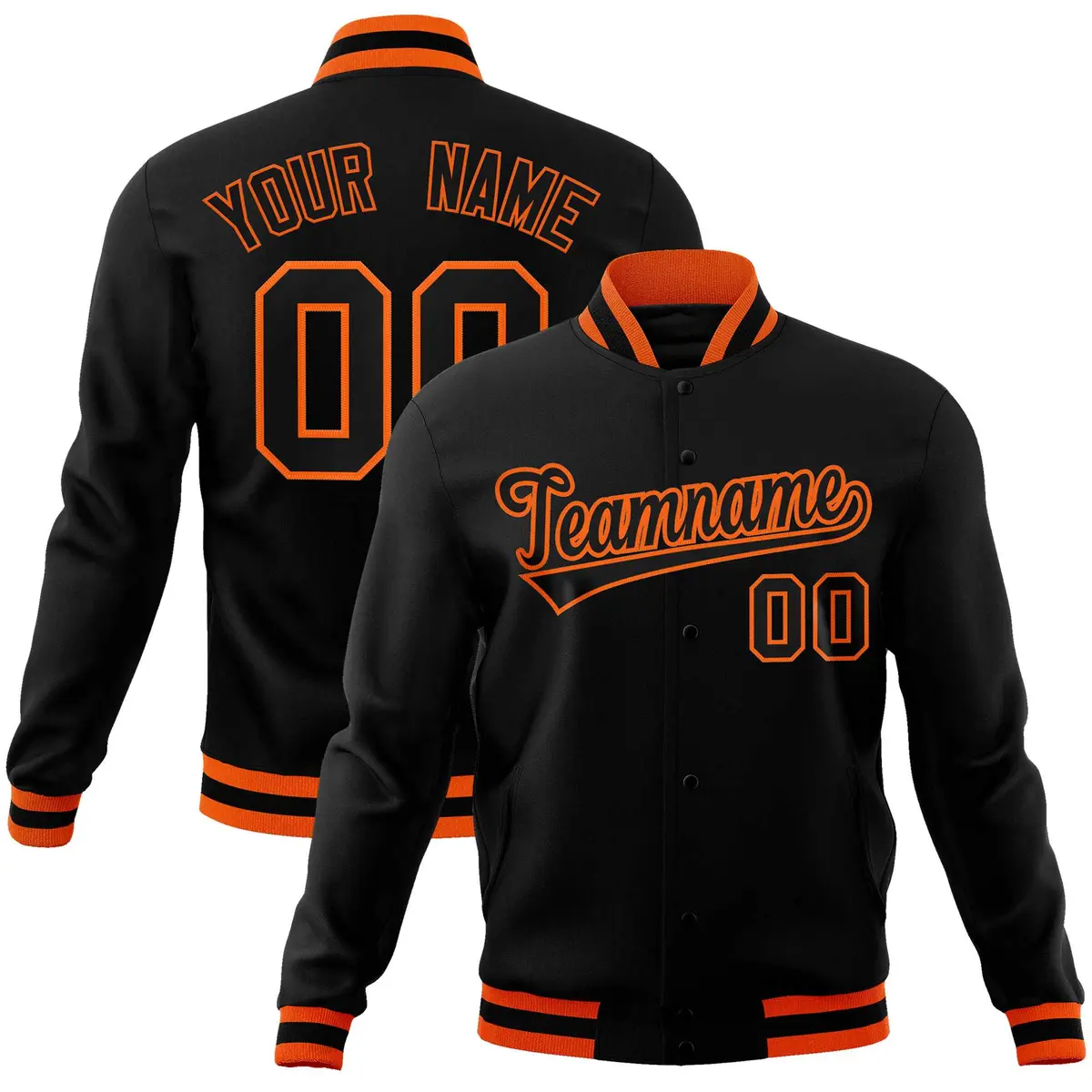 Black Black-Orange Varsity Full-Snap Letterman Jacket