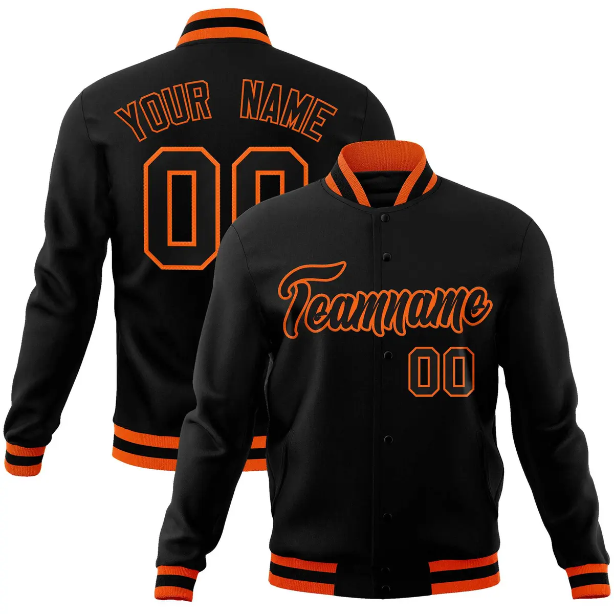 Black Black-Orange Varsity Full-Snap Letterman Jacket