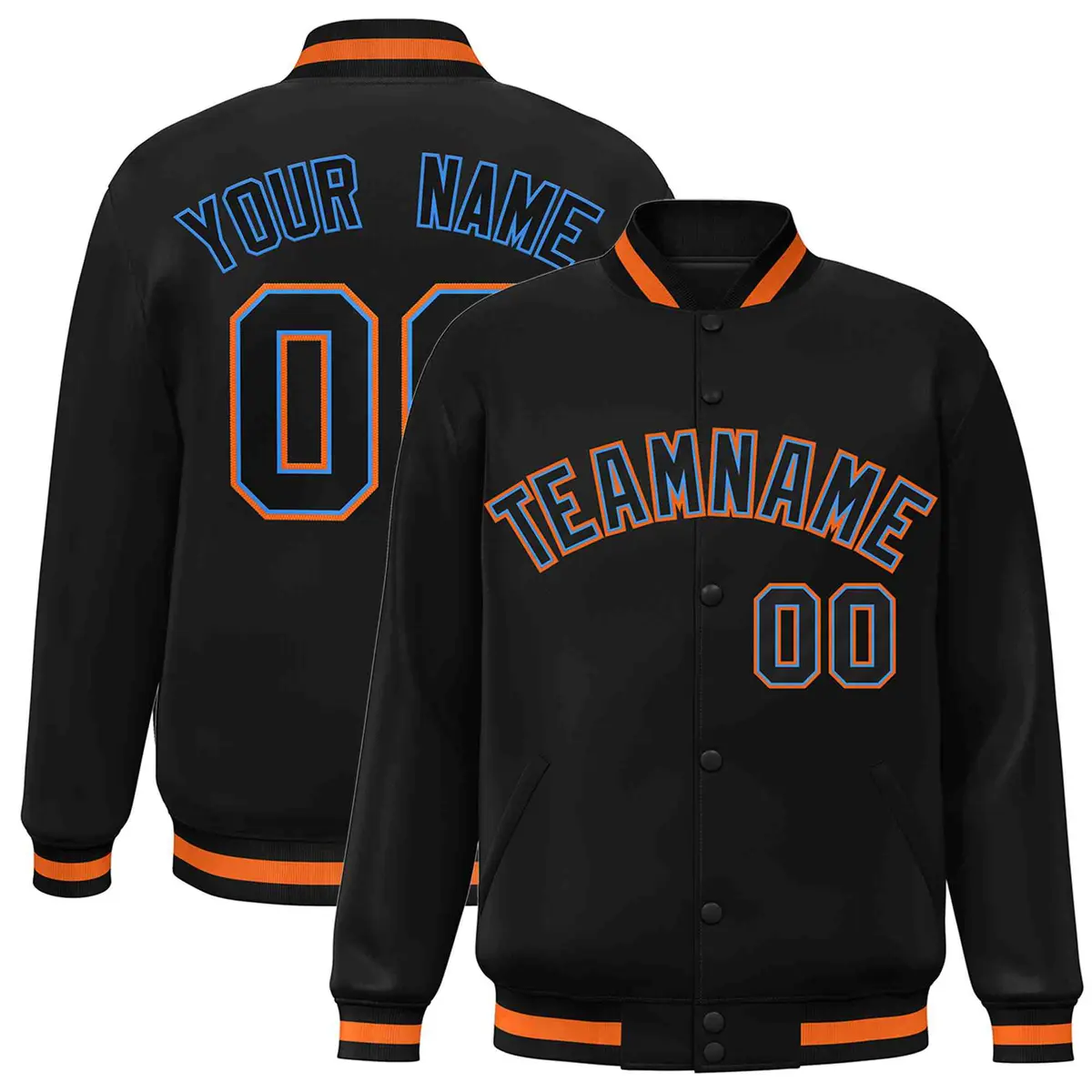 Black Black-Powder Blue Varsity Full-Snap Letterman Jacket