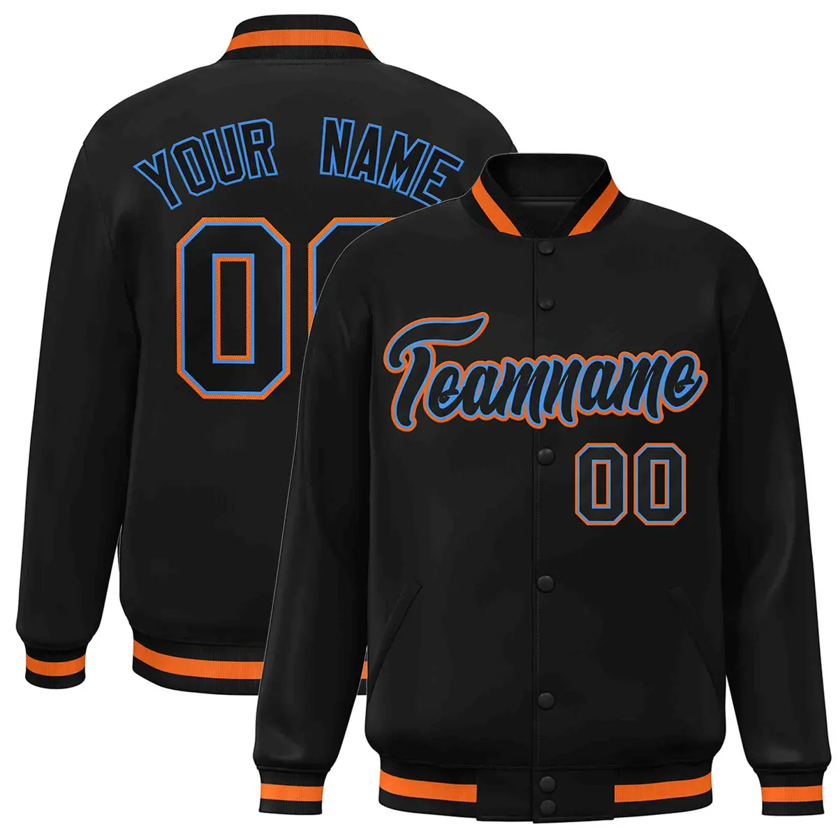 Black Black-Powder Blue Varsity Full-Snap Letterman Jacket