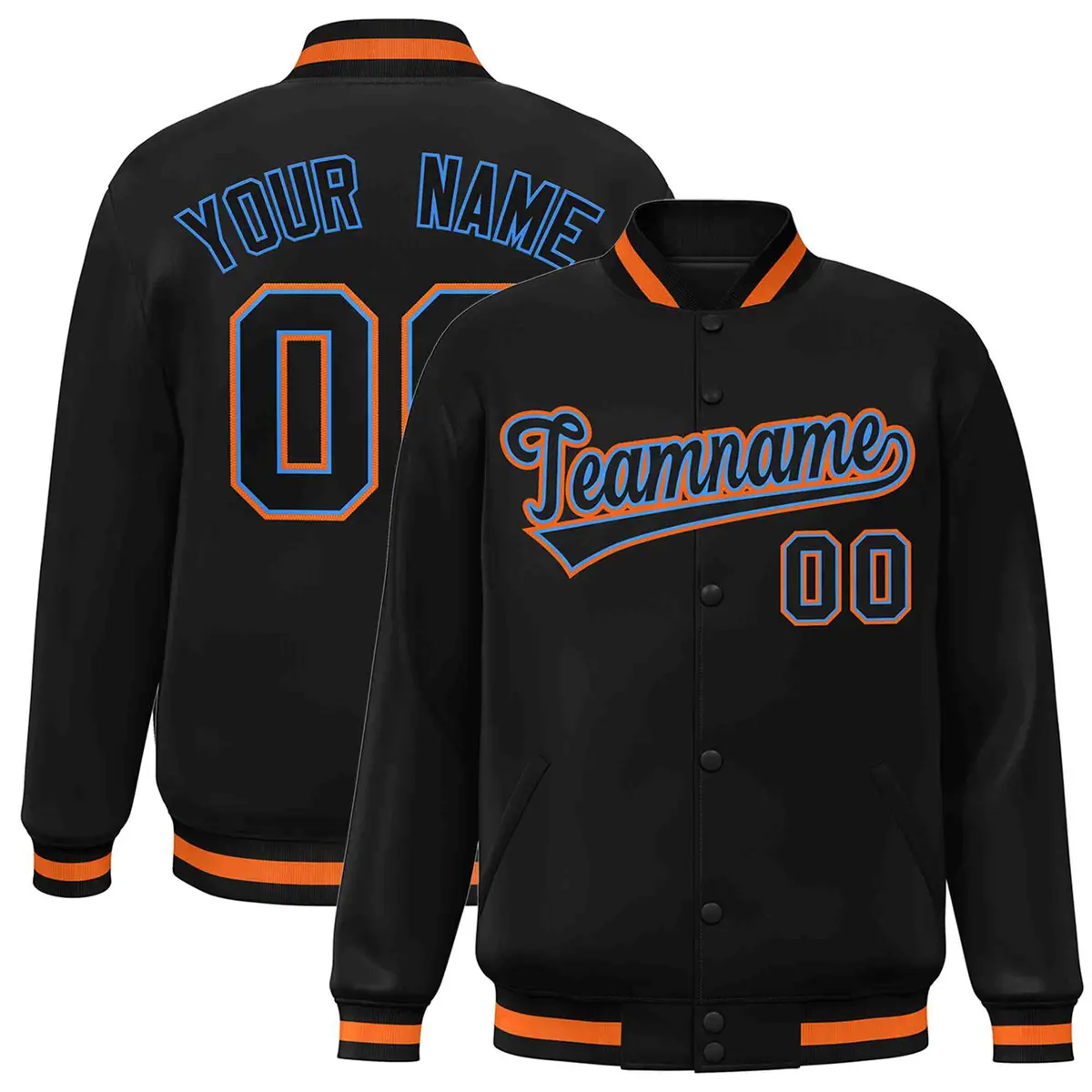 Black Black-Powder Blue Varsity Full-Snap Letterman Jacket