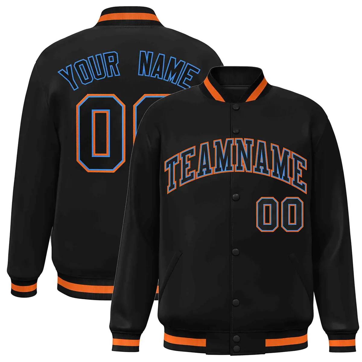 Black Black-Powder Blue Varsity Full-Snap Letterman Jacket