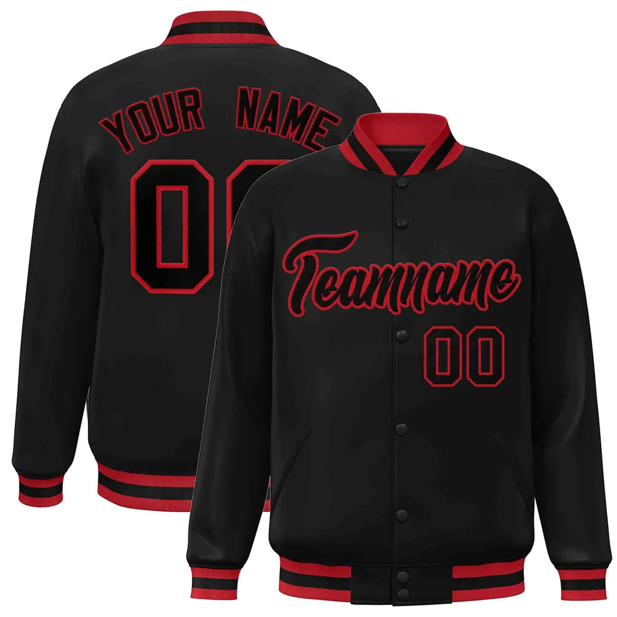 Black Black-Red Classic Full-Snap Varsity Letterman Jacket