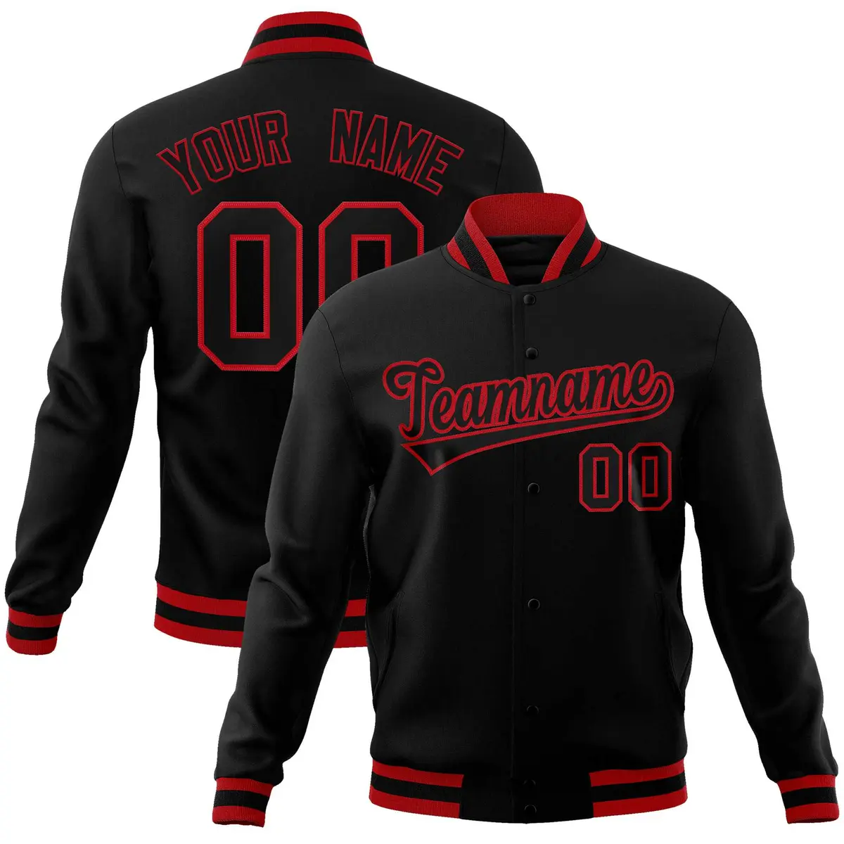 Black Black-Red Classic Full-Snap Varsity Letterman Jacket