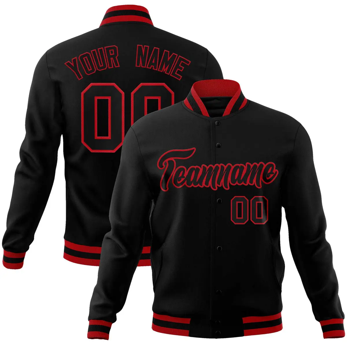 Black Black-Red Classic Full-Snap Varsity Letterman Jacket