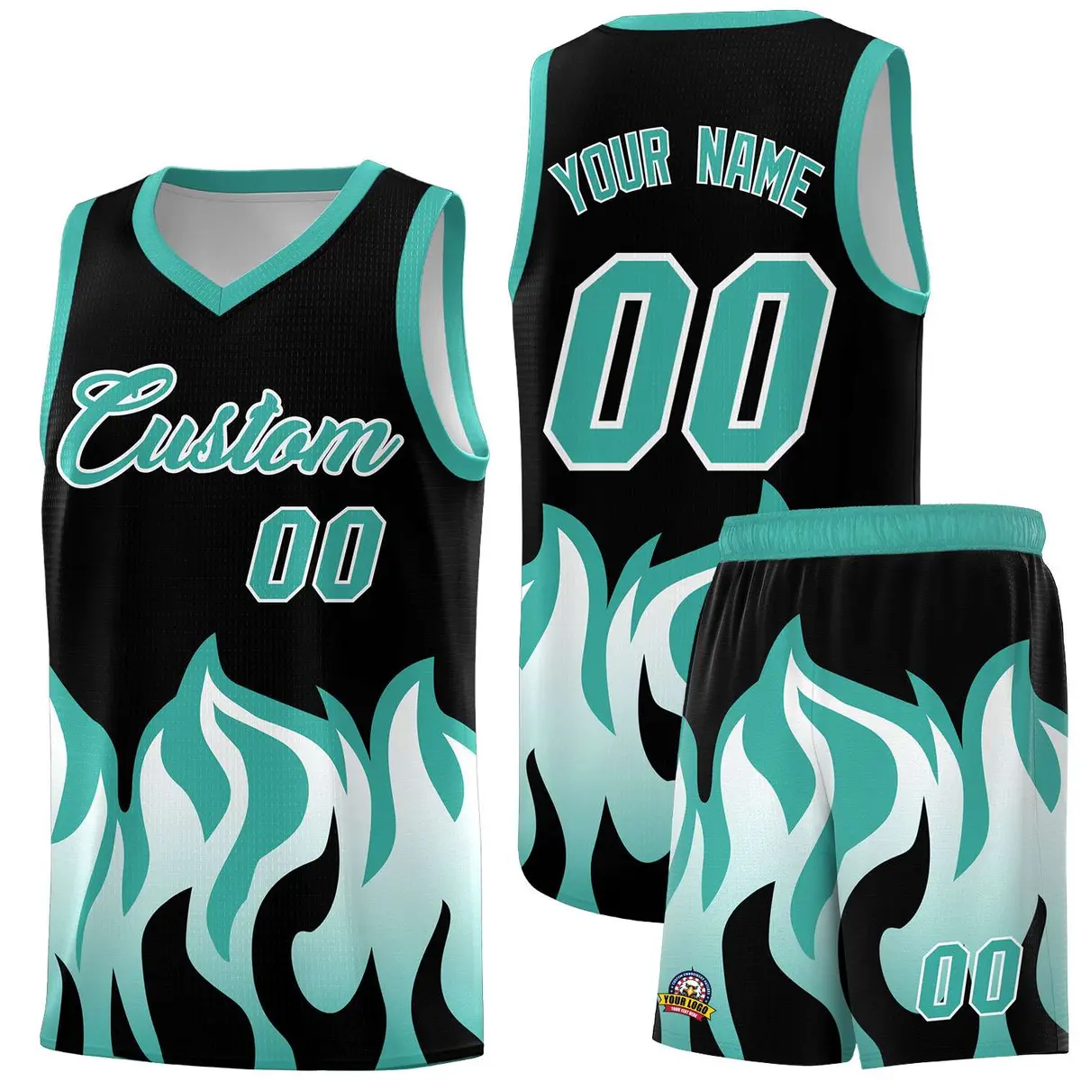 Black Bright Green Flame Pattern Hem Basketball Jersey