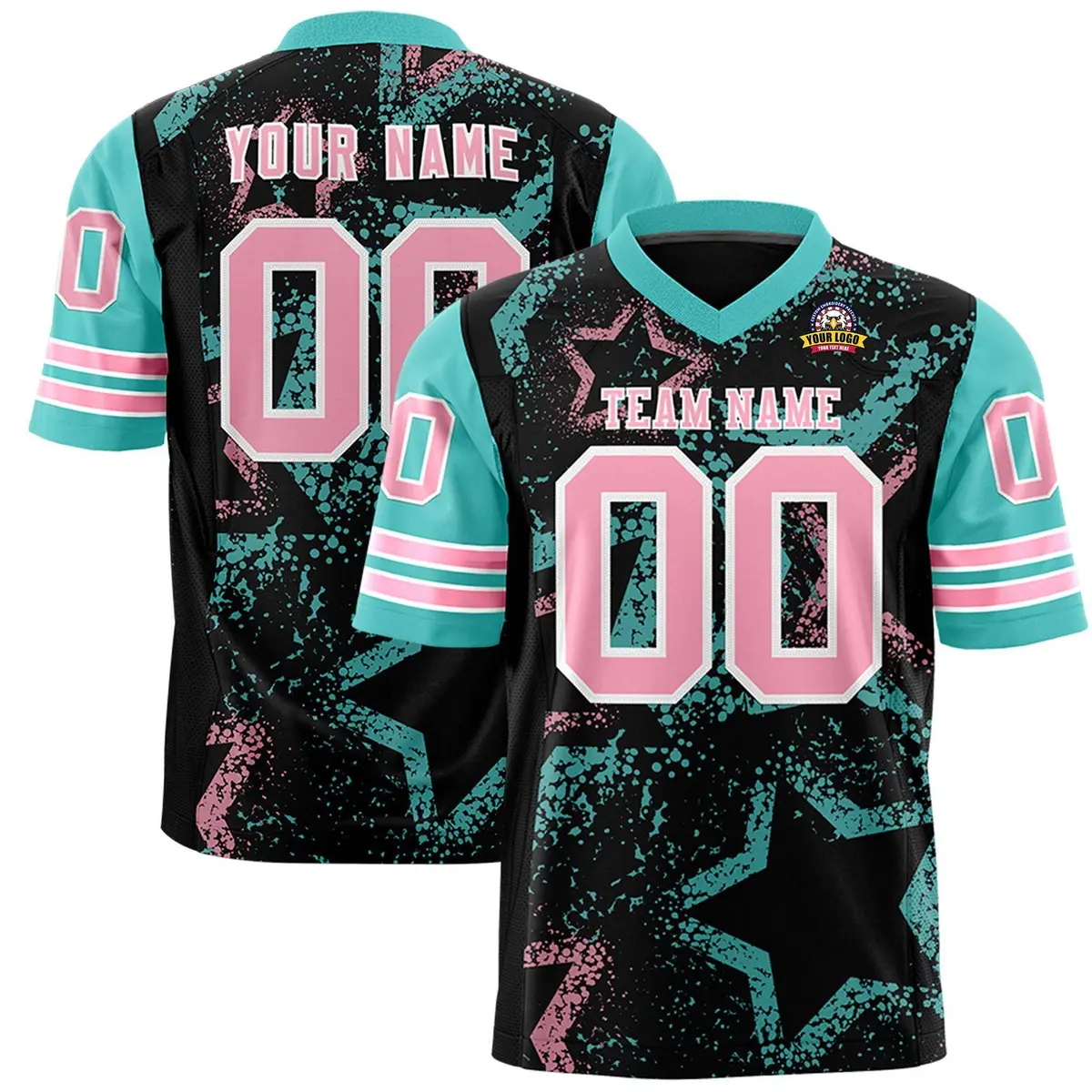 Black Bright Green Light Pink Star Pattern Football Jersey