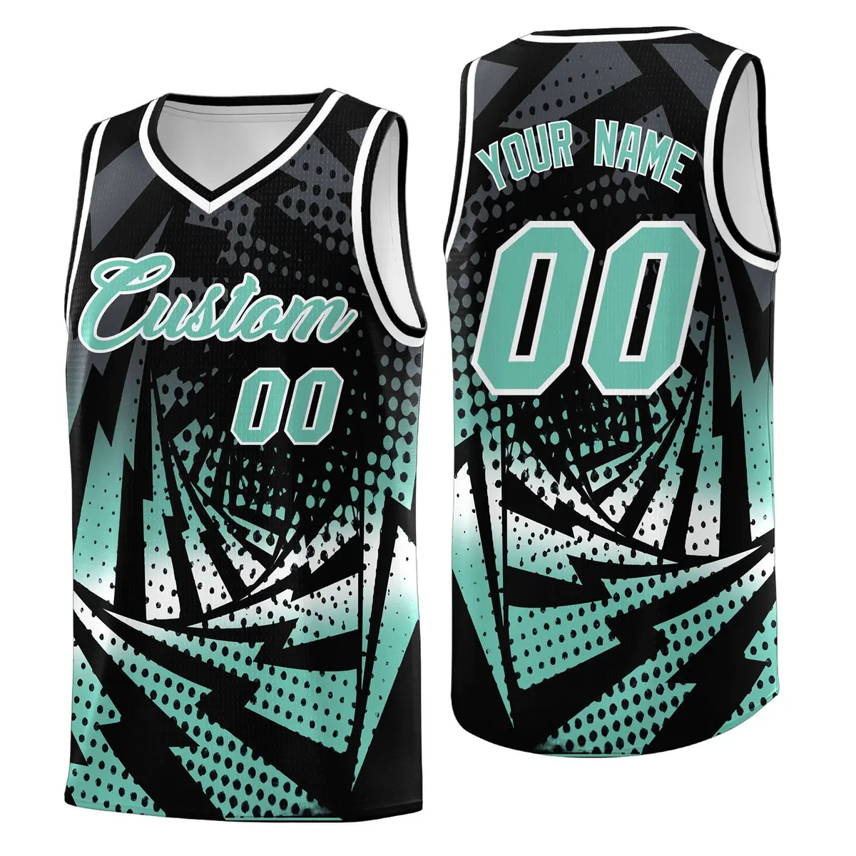 Black Bright Green Lightning Halftone Dot Basketball Jersey