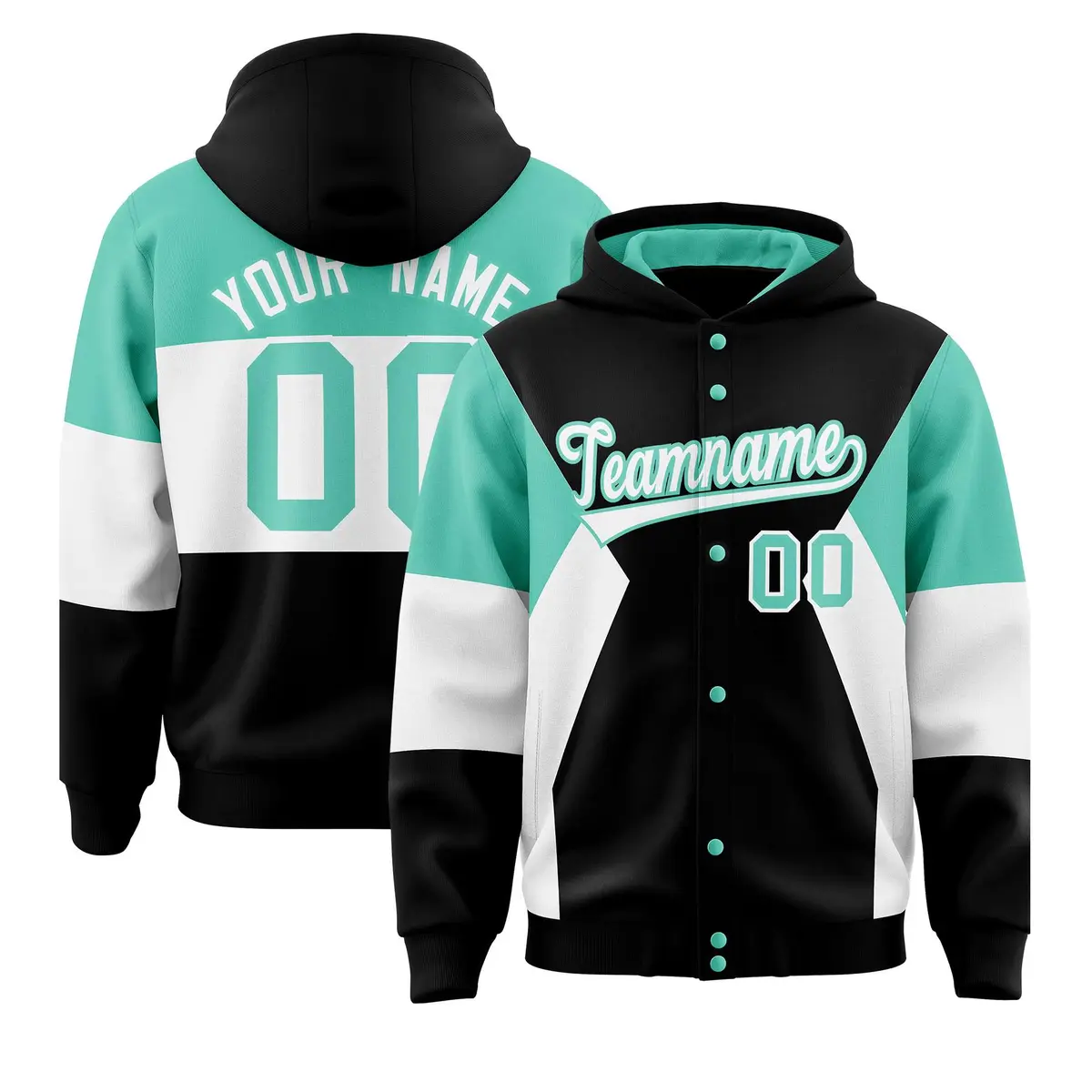 Black Bright Green-White Color Block Varsity Letterman Jacket Hoodie