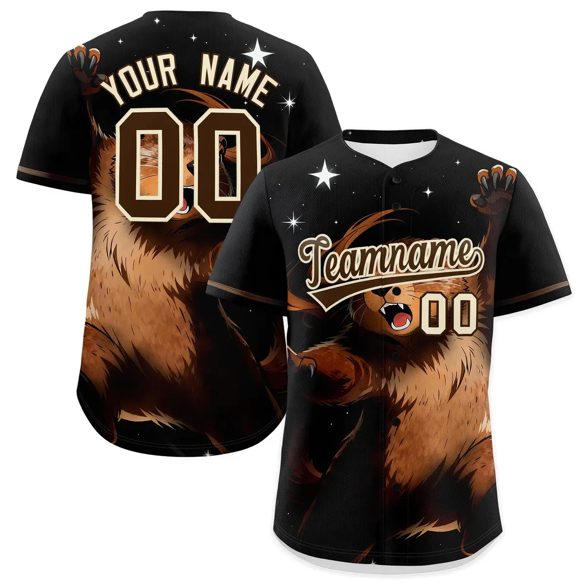 Black Brown Cream Animal Graffiti Pattern Baseball Jersey