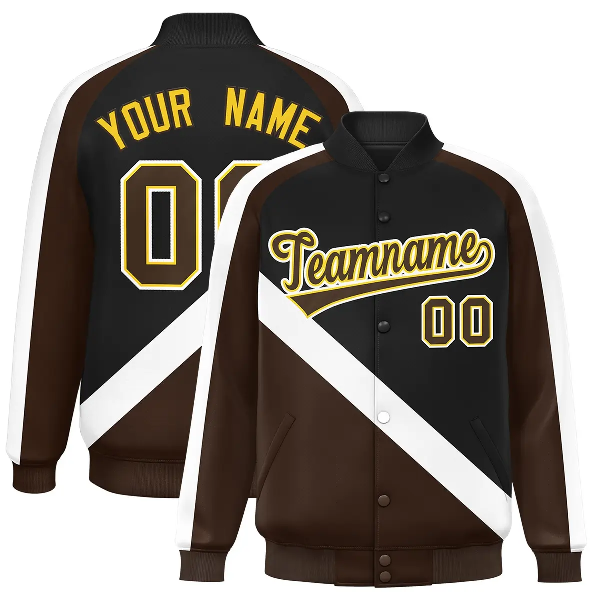 Black Brown Raglan Varsity Full-Snap Letterman Baseball Jacket