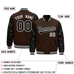 Black Brown White Raglan Varsity Full-Snap Letterman Jacket 2