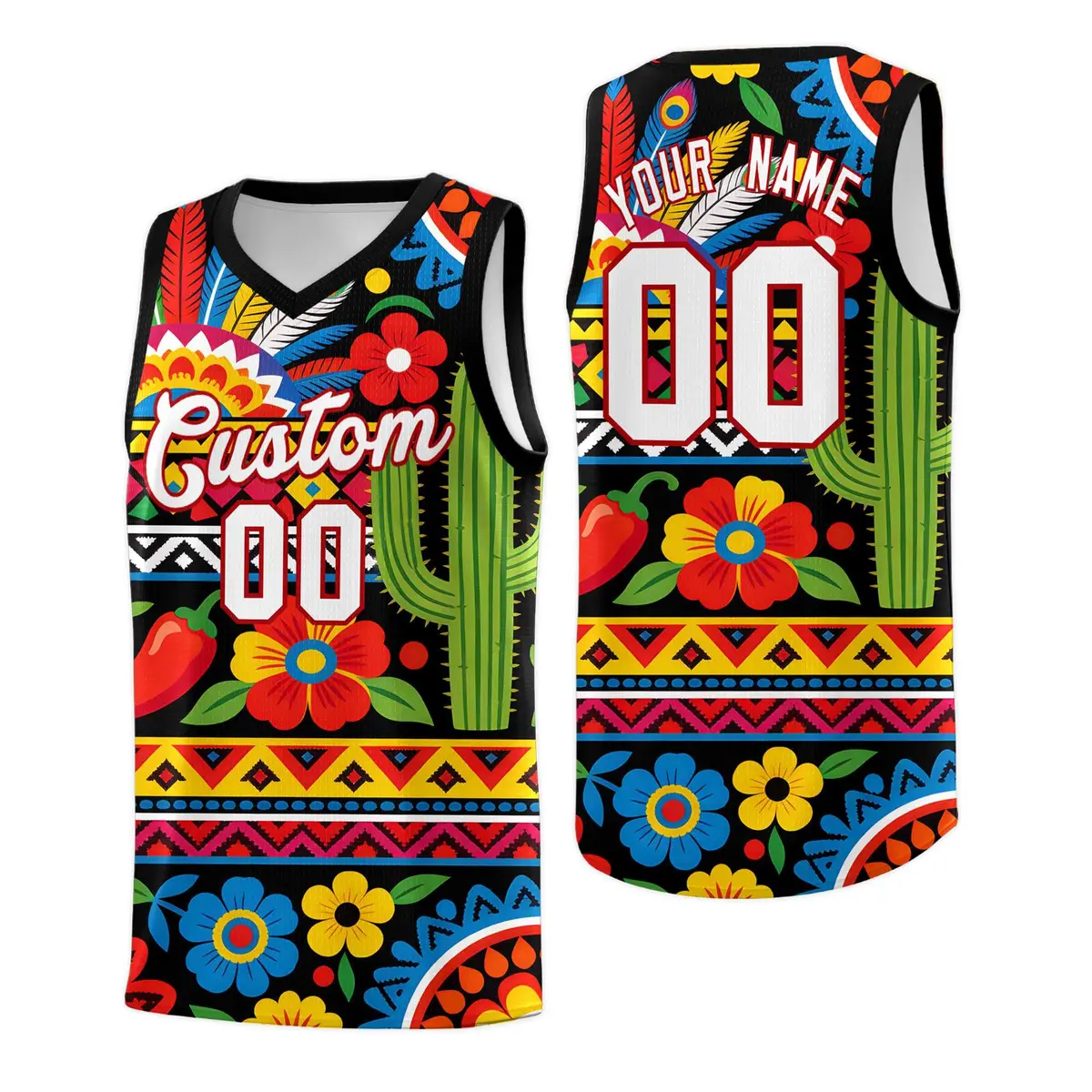 Black Cactus Mexican Colors Graffiti Basketball Jersey