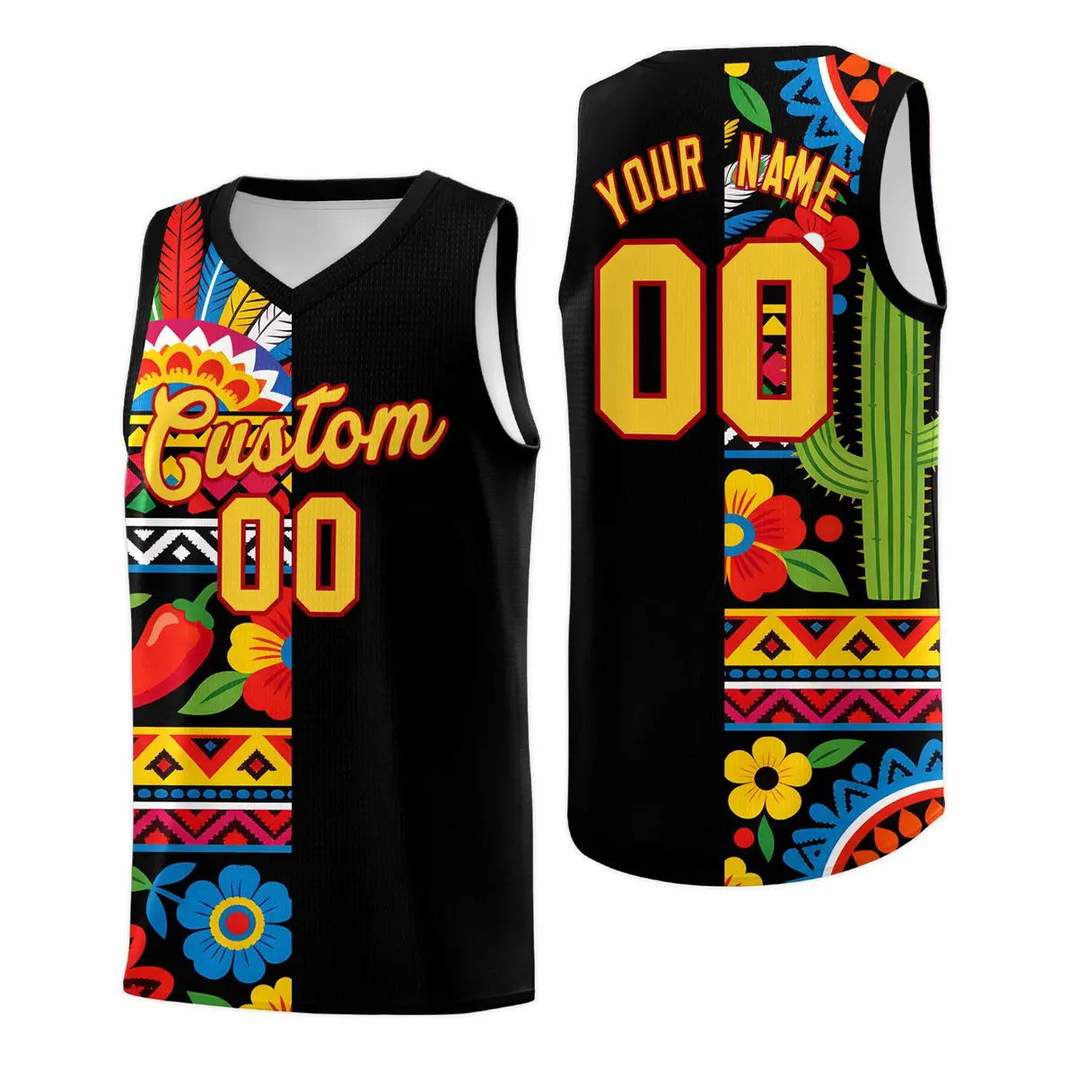 Black Cactus Mexican Colors Graffiti Basketball Jersey