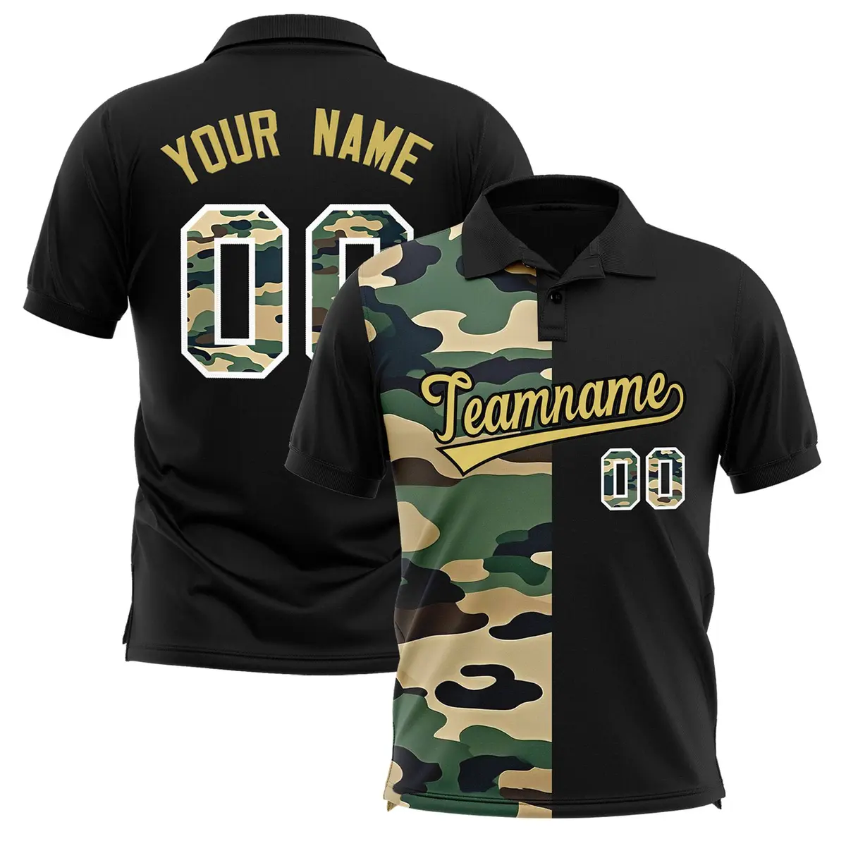 Black Camo Split Fashion Authentic Performance Polo Shirt