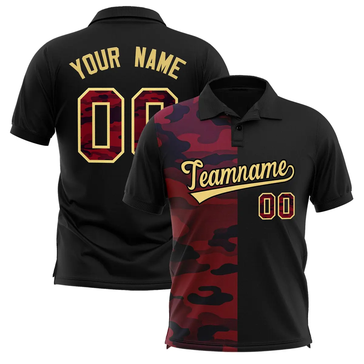 Black Camo Split Fashion Authentic Performance Polo Shirt